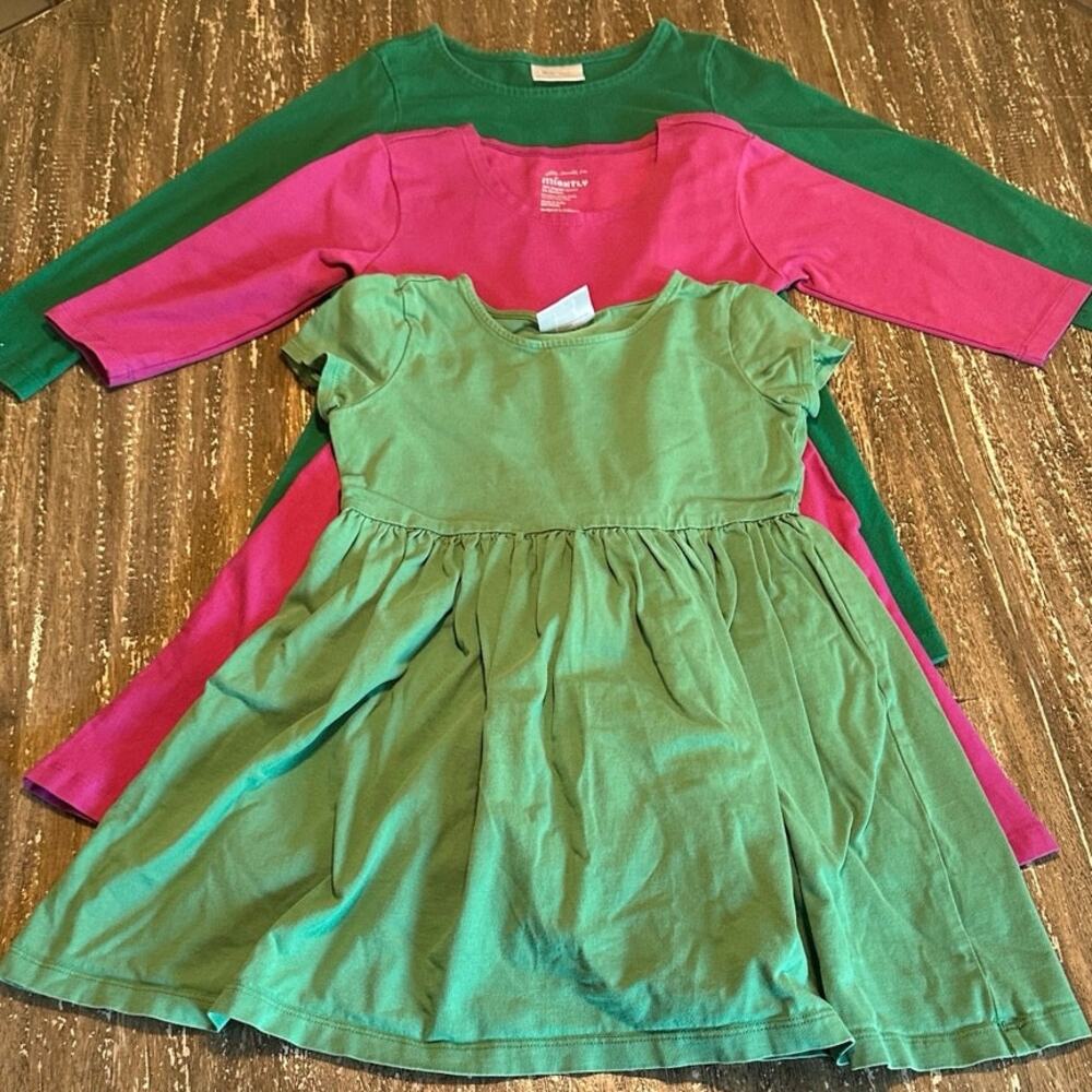Hanna Andersson / Mightly Girl’s Dresses Lot of 3 Size 6-7 Green Pink Cotton